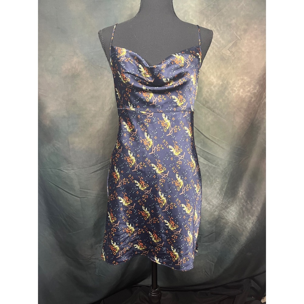 Victoria's Secret Navy Floral Satin Cowl Neck Slip Dress Small Mini Keyhole Back